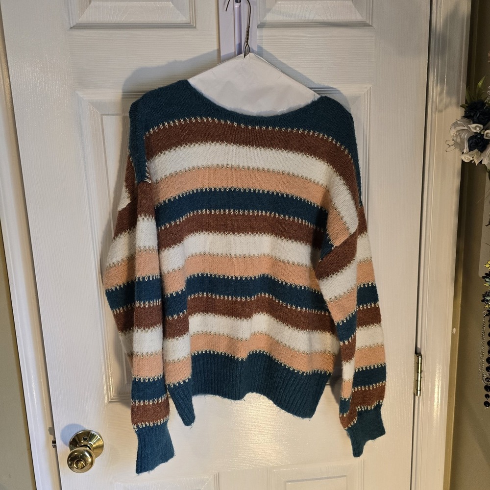 Pink Lily Women Striped Knit Sweater Teal Peach Gold Sparkle Size Small
